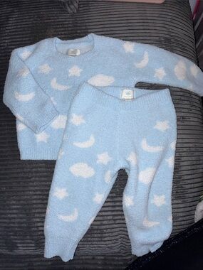 cloud island Light Blue Plush two-Piece Set with White Celestial Motifs